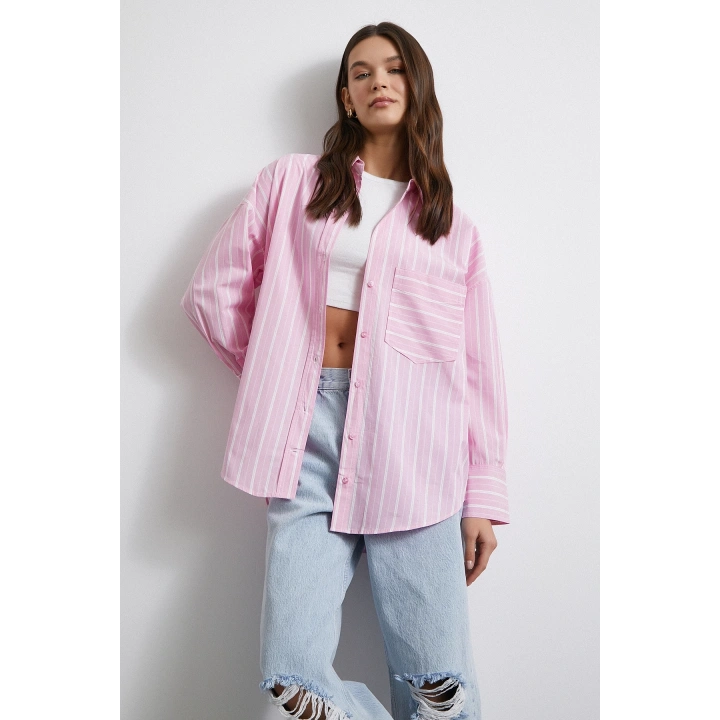 Basic Oxford Çizgili Gömlek Pembe