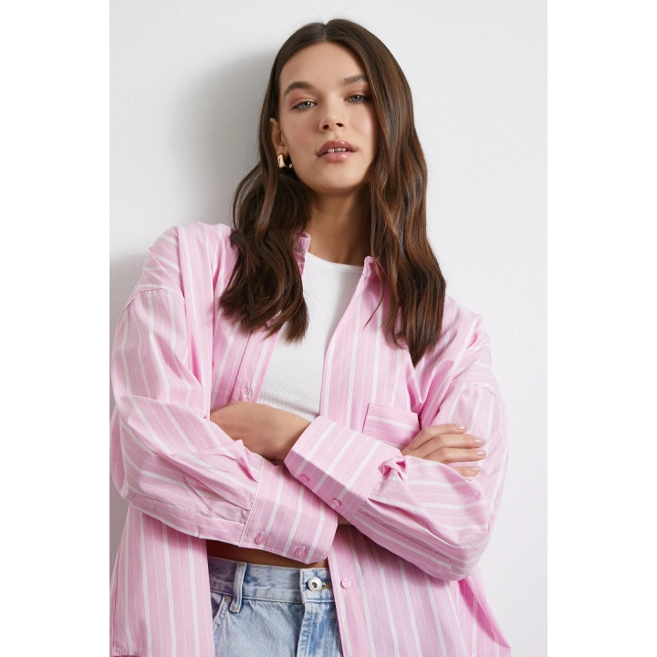 Basic Oxford Çizgili Gömlek Pembe