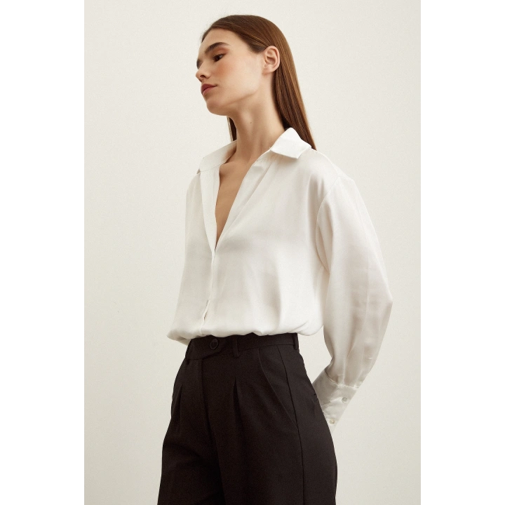 Basic Saten Gömlek Kırık Beyaz