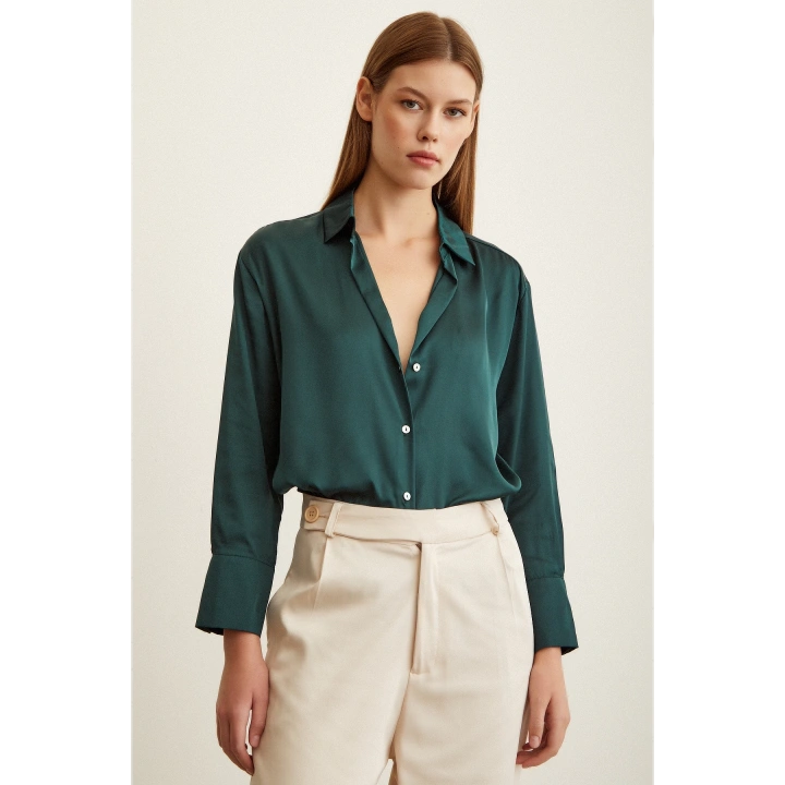 Basic Saten Gömlek Koyu Yeşil