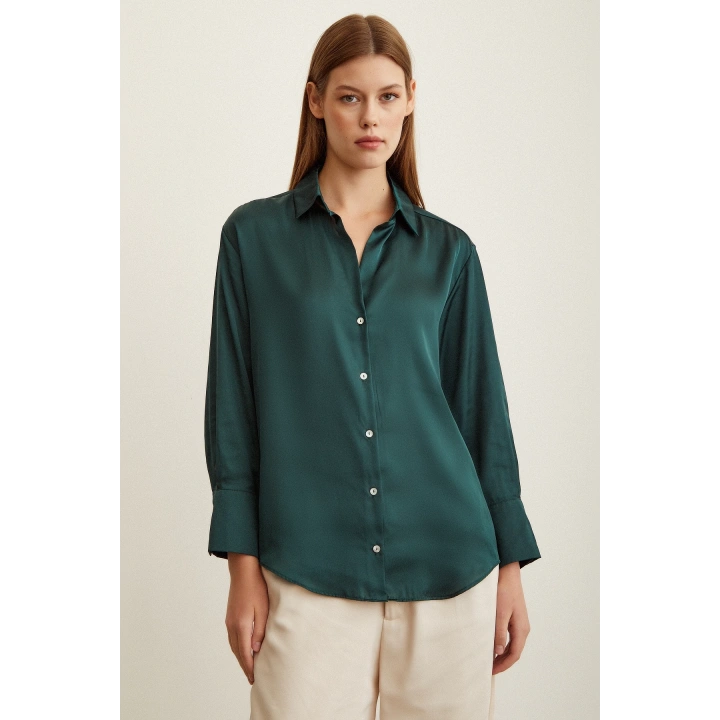 Basic Saten Gömlek Koyu Yeşil