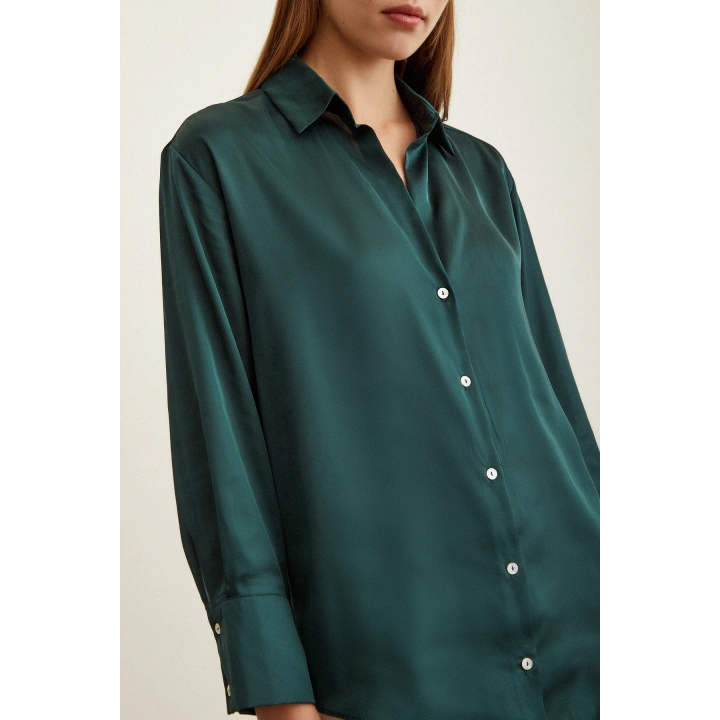 Basic Saten Gömlek Koyu Yeşil
