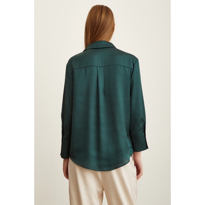 Basic Saten Gömlek Koyu Yeşil