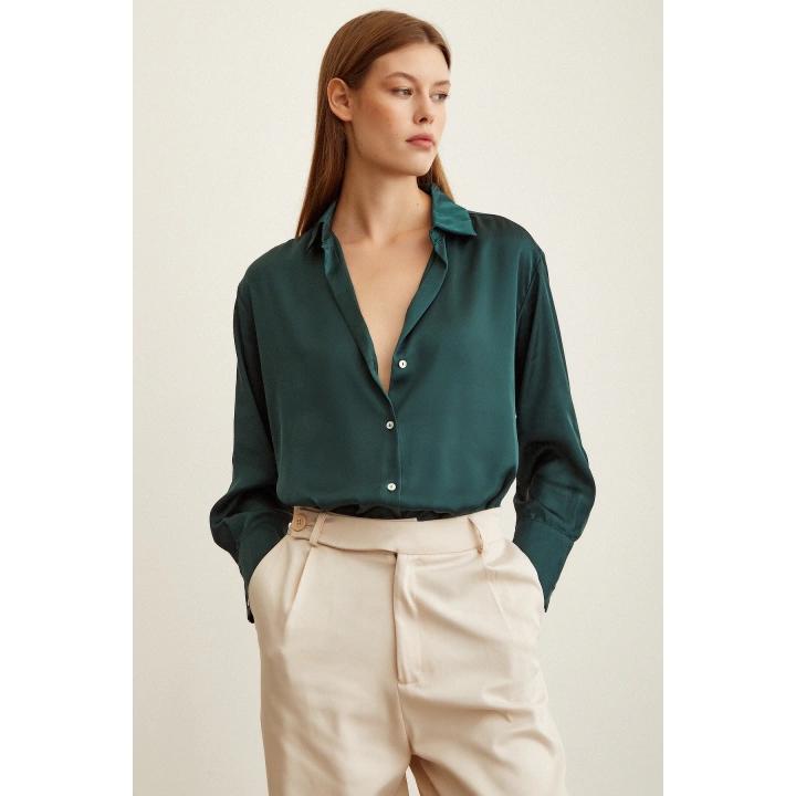 Basic Saten Gömlek Koyu Yeşil