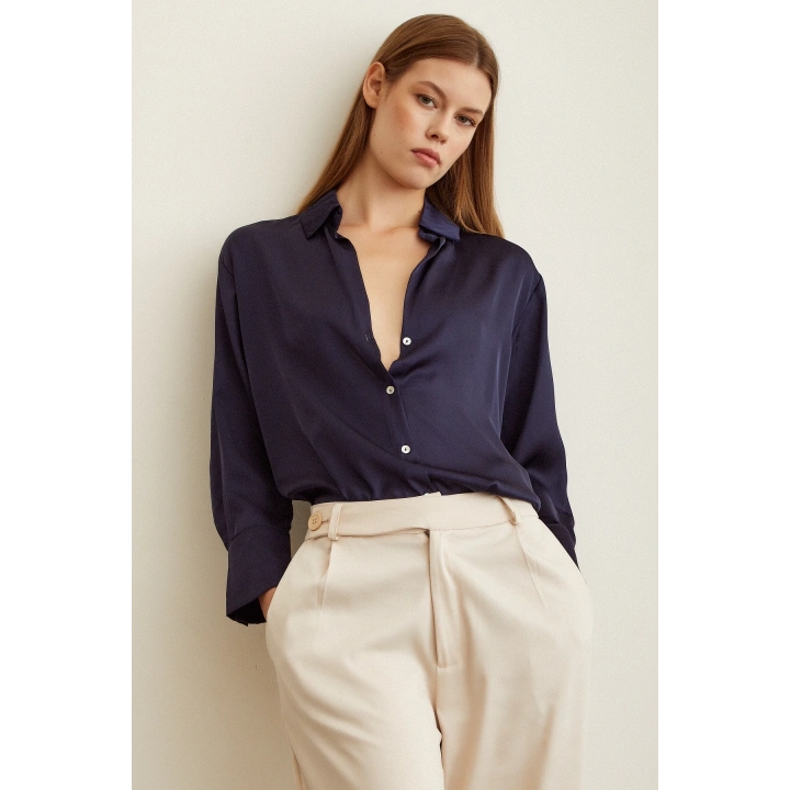 Basic Saten Gömlek Lacivert