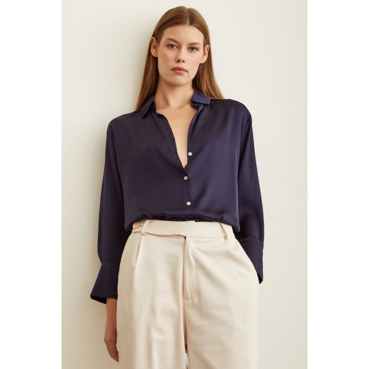 Basic Saten Gömlek Lacivert