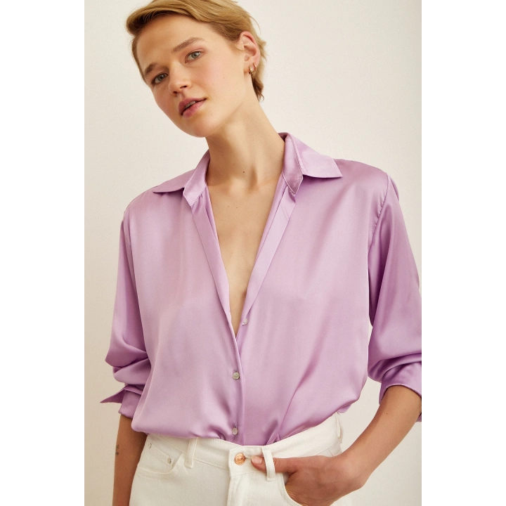 Basic Saten Gömlek Mor