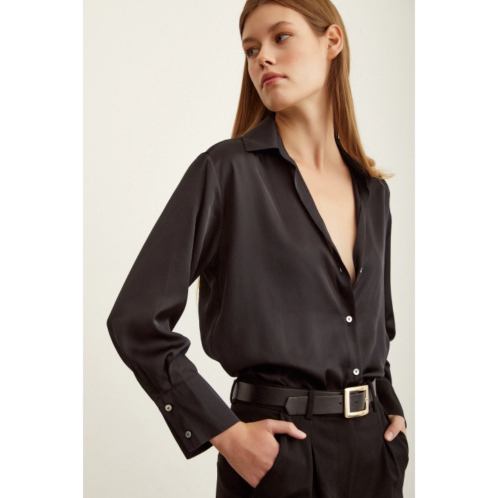 Basic Saten Gömlek Siyah