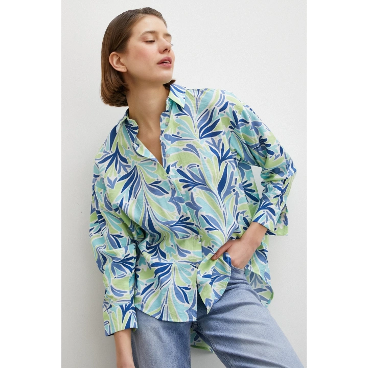 Baskılı Modal Gömlek Mavi