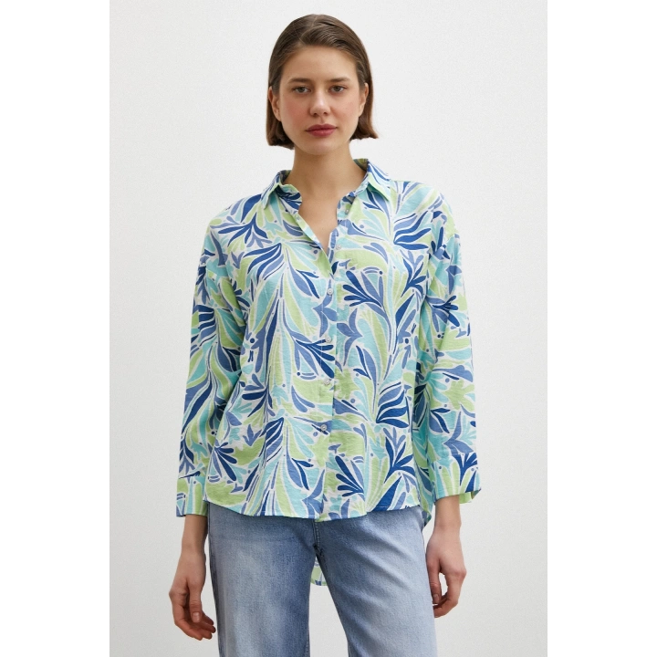 Baskılı Modal Gömlek Mavi