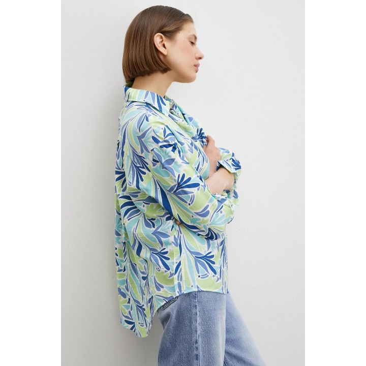 Baskılı Modal Gömlek Mavi