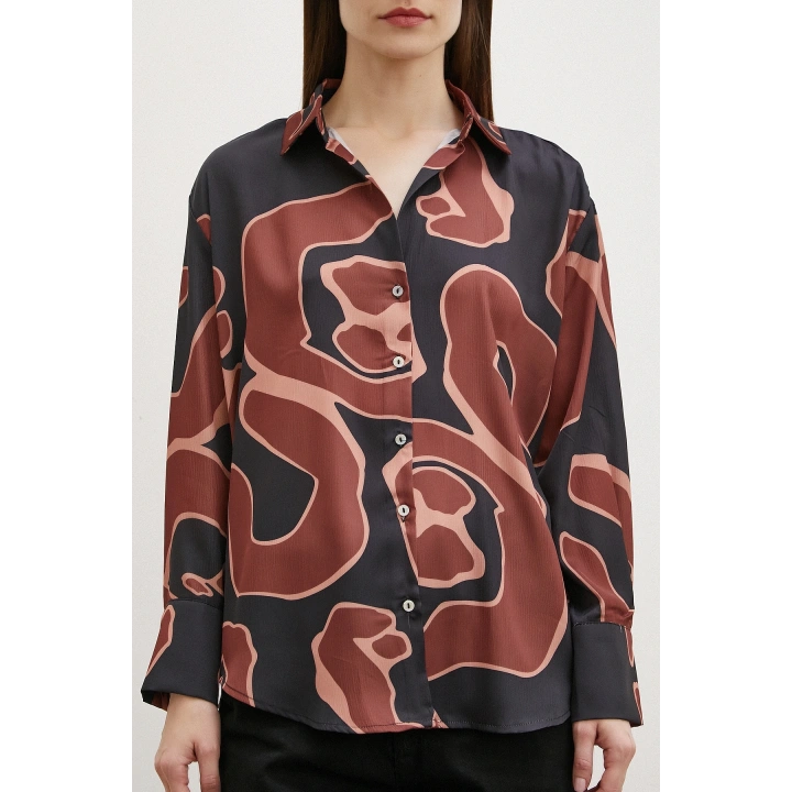 Baskılı Saten Gömlek Kahve