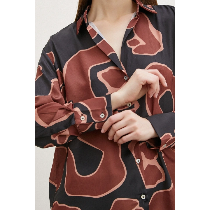 Baskılı Saten Gömlek Kahve