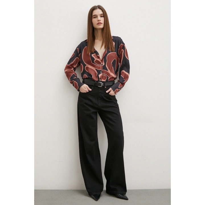 Baskılı Saten Gömlek Kahve