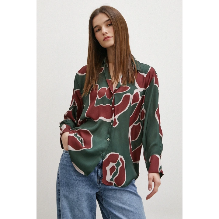 Baskılı Saten Gömlek Mor