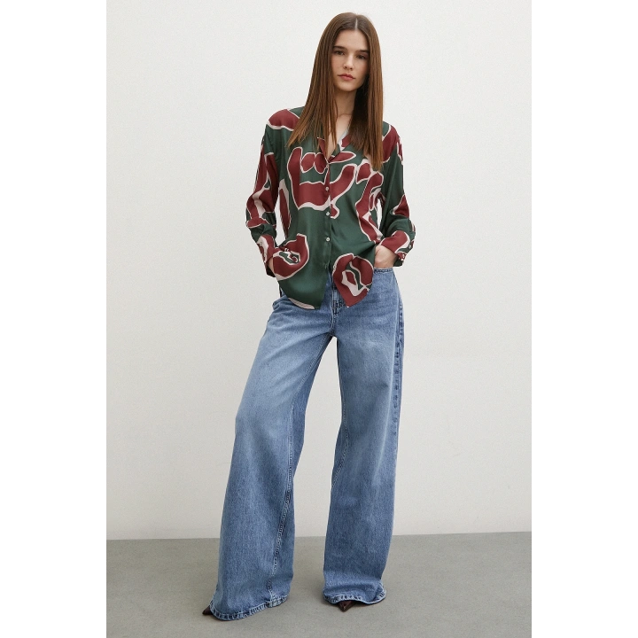 Baskılı Saten Gömlek Mor