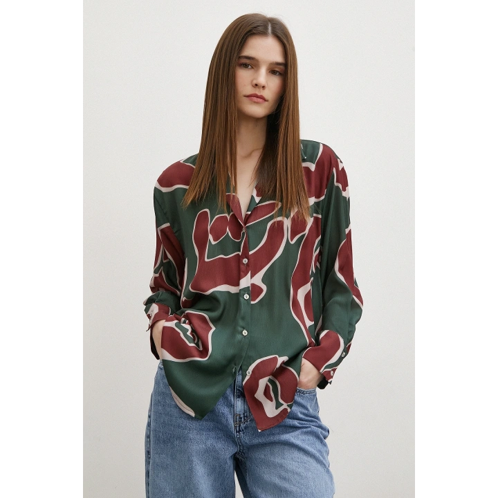 Baskılı Saten Gömlek Mor