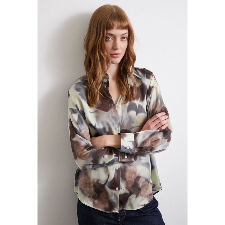 Batik Desen Saten Gömlek Kahve