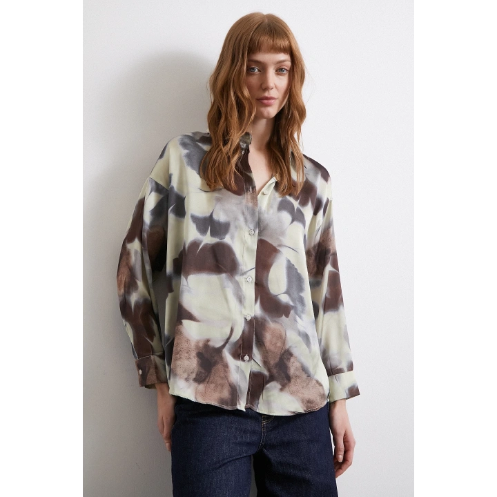 Batik Desen Saten Gömlek Kahve