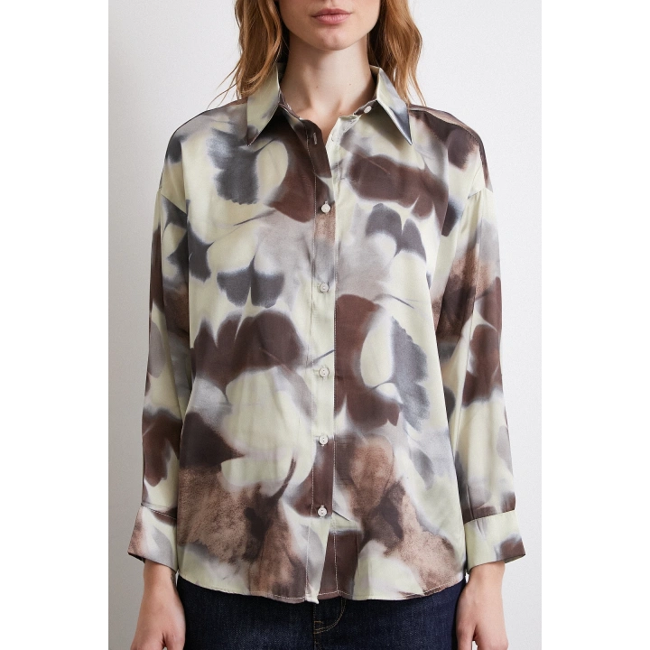 Batik Desen Saten Gömlek Kahve