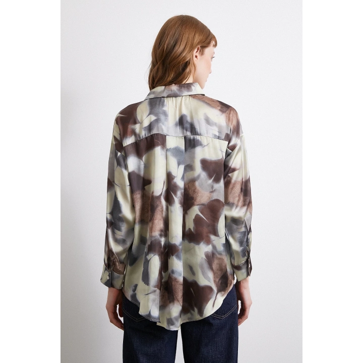 Batik Desen Saten Gömlek Kahve