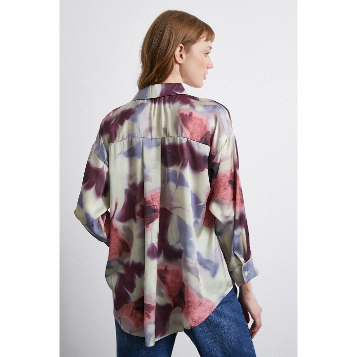 Batik Desen Saten Gömlek Lila