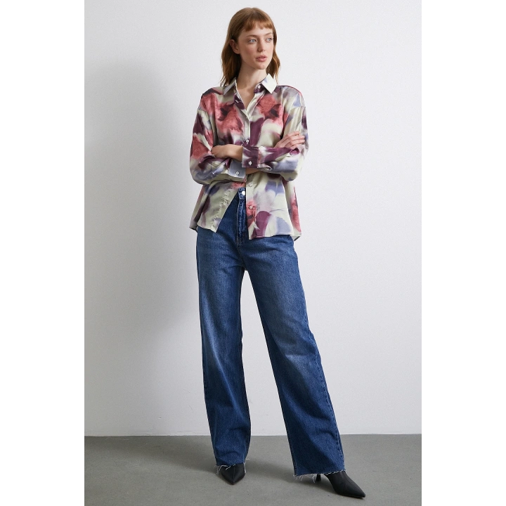 Batik Desen Saten Gömlek Lila