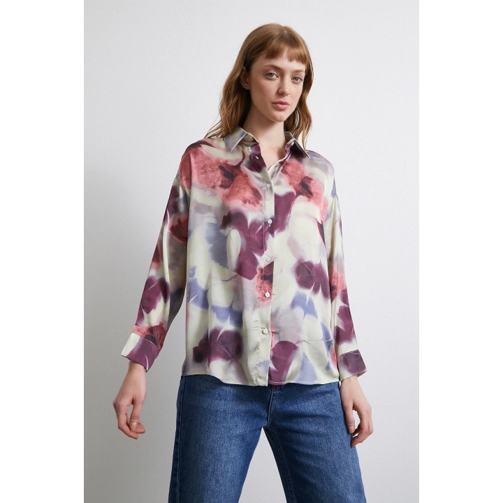 Batik Desen Saten Gömlek Lila