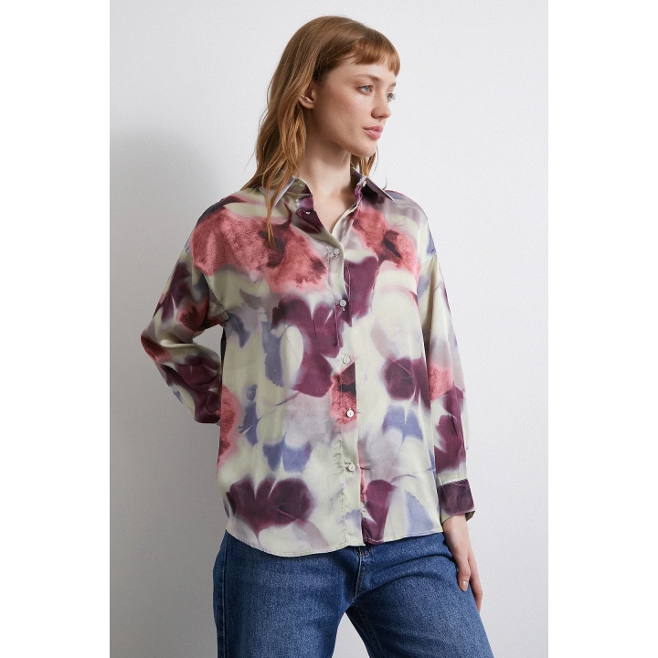 Batik Desen Saten Gömlek Lila