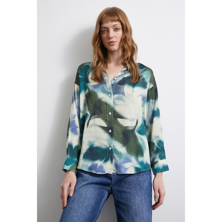 Batik Desen Saten Gömlek Petrol