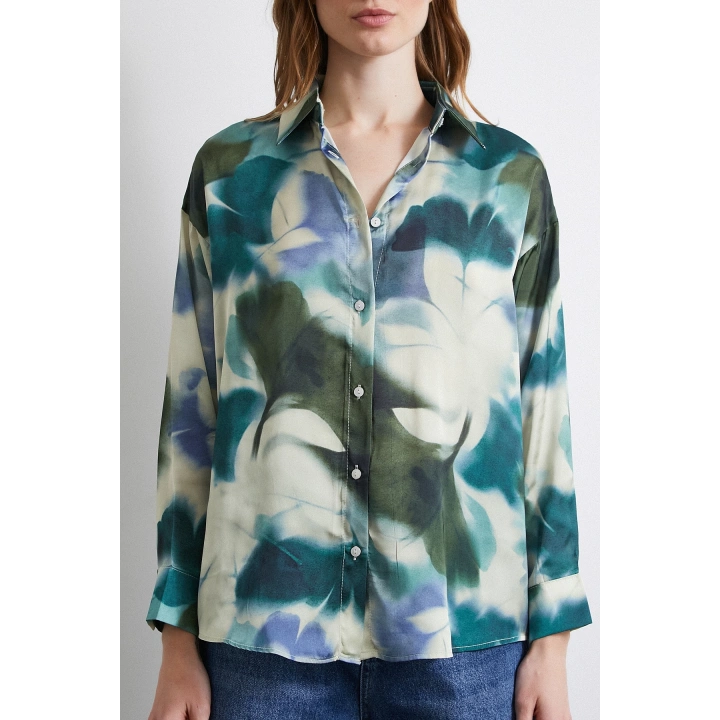 Batik Desen Saten Gömlek Petrol