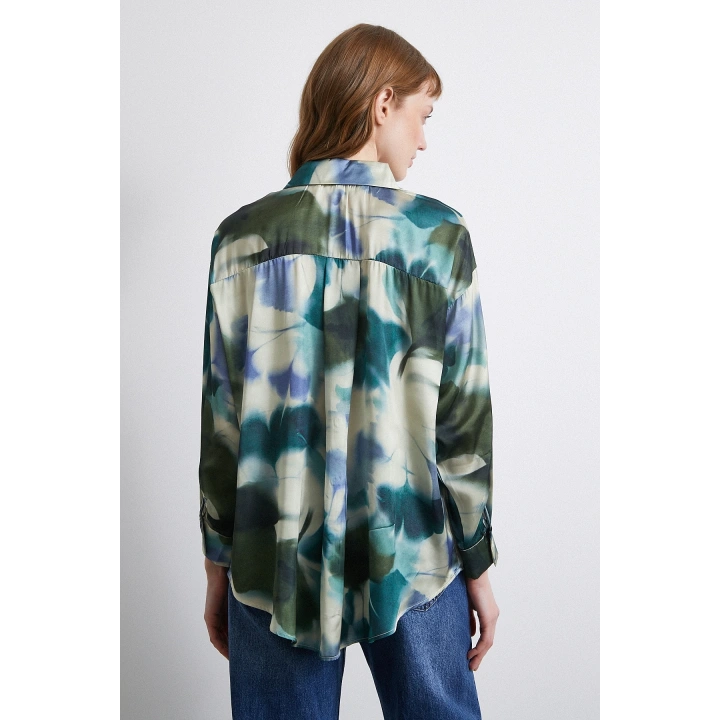 Batik Desen Saten Gömlek Petrol