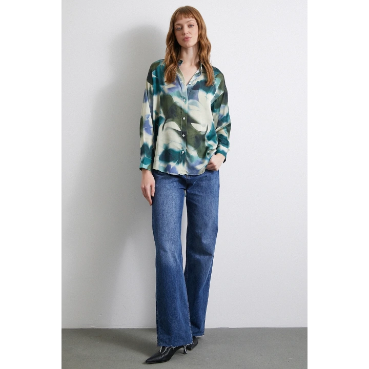 Batik Desen Saten Gömlek Petrol