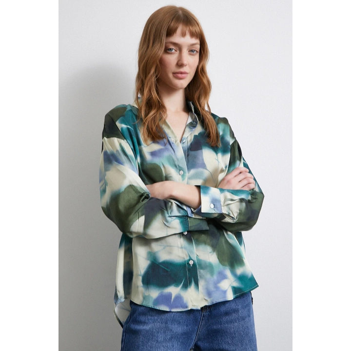 Batik Desen Saten Gömlek Petrol