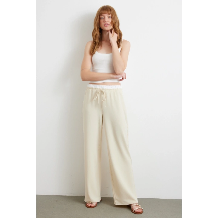 Bel Bantlı Wide Leg Pantolon Krem