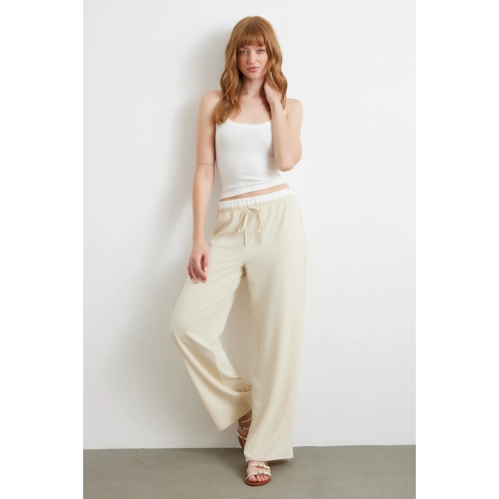 Bel Bantlı Wide Leg Pantolon Krem