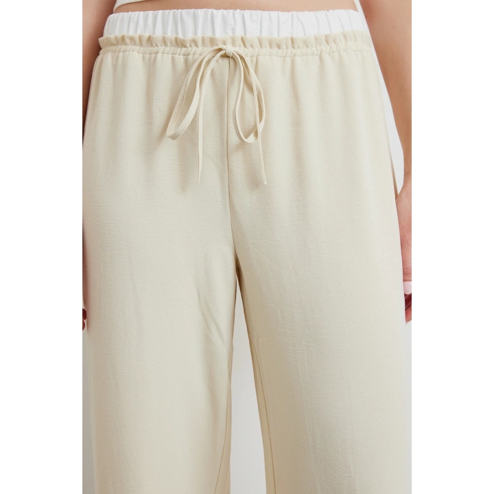 Bel Bantlı Wide Leg Pantolon Krem