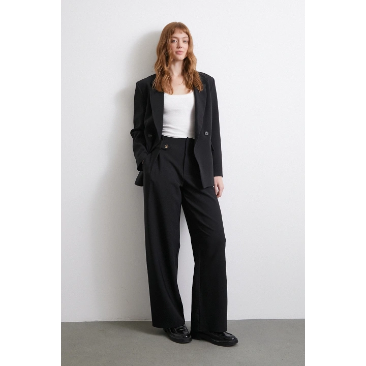 Bel Detaylı Wide Leg Pantolon Siyah