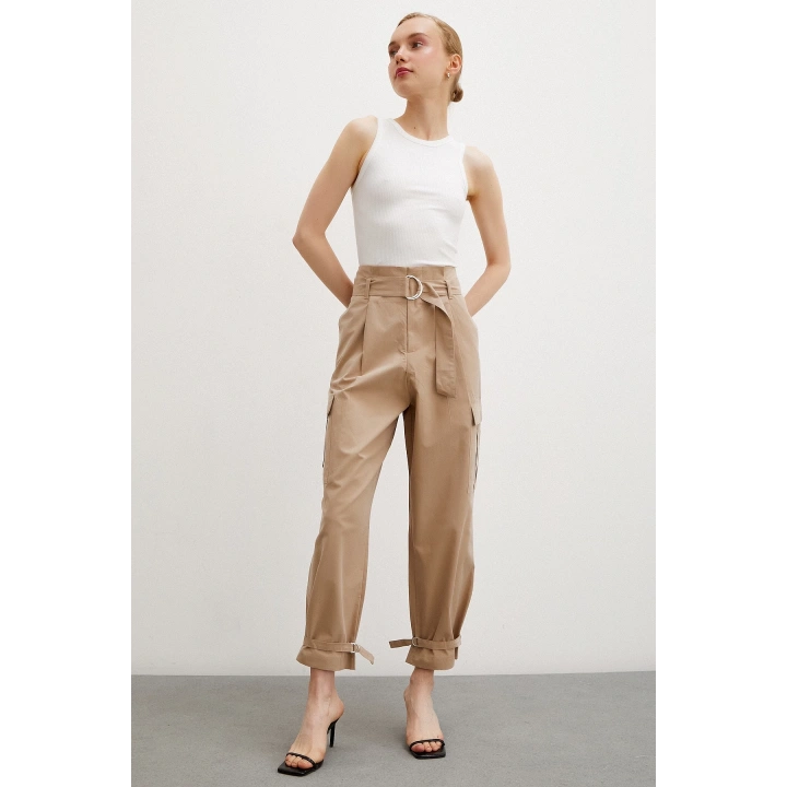 Bel Pileli Kargo Cep Pantolon Bej