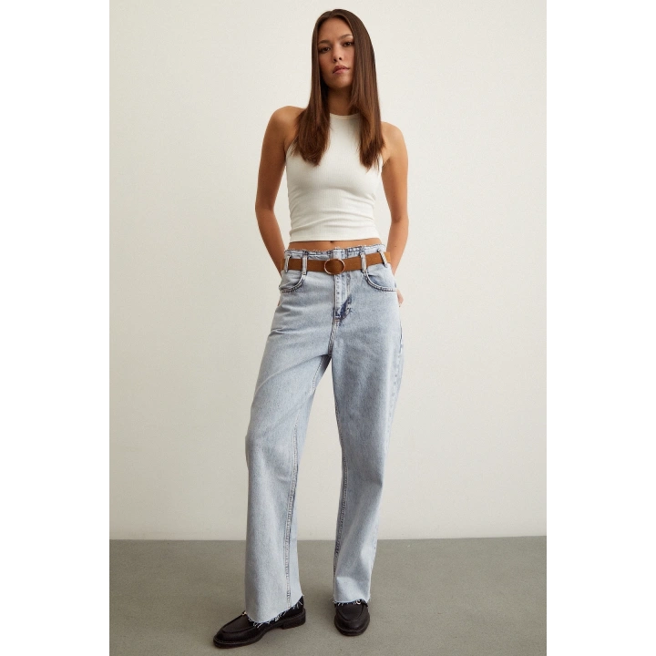 Beli Dikişsiz Kemerli Pantolon Mavi