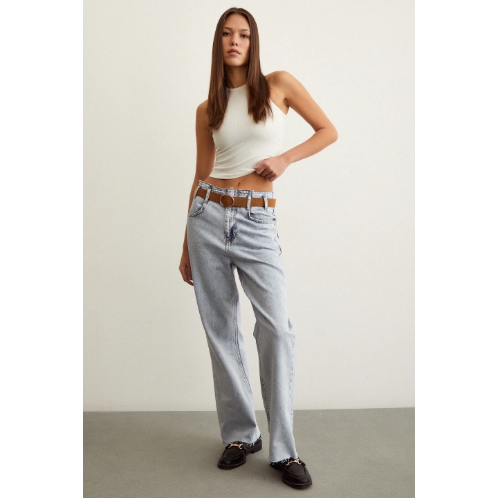 Beli Dikişsiz Kemerli Pantolon Mavi