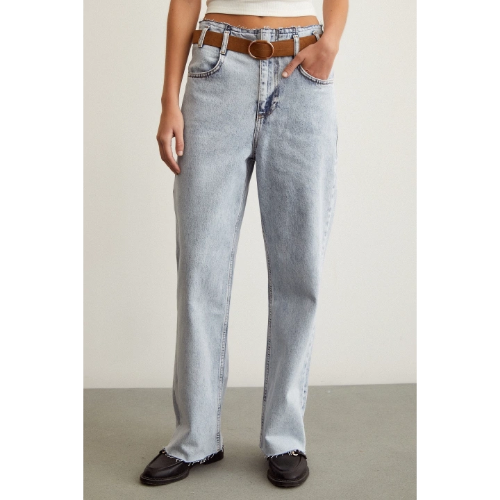 Beli Dikişsiz Kemerli Pantolon Mavi