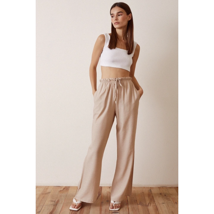 Beli Lastikli Biyeli Yüksek Bel Pantolon Bej