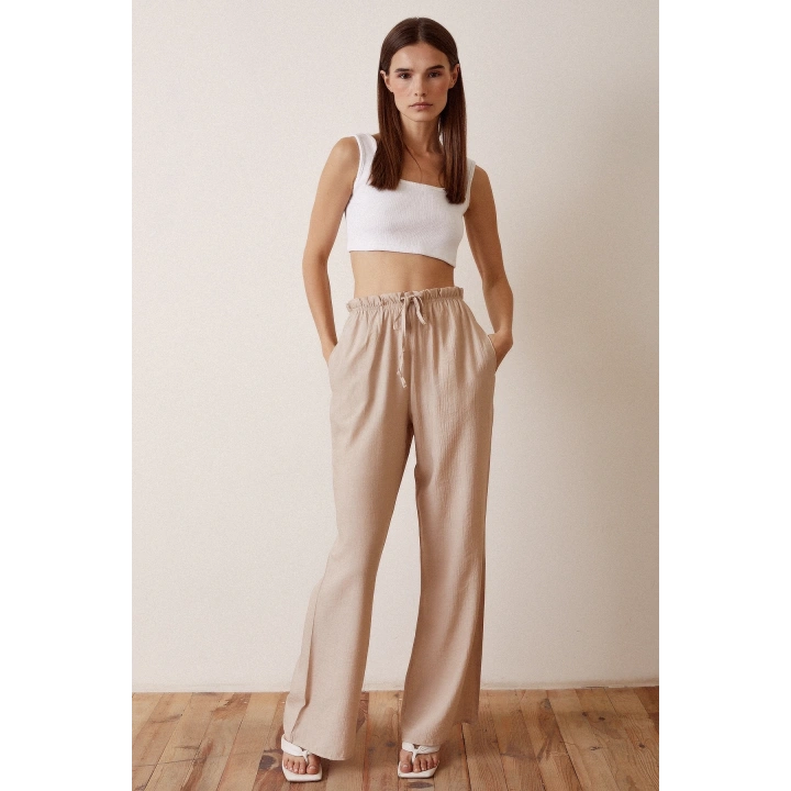 Beli Lastikli Biyeli Yüksek Bel Pantolon Bej
