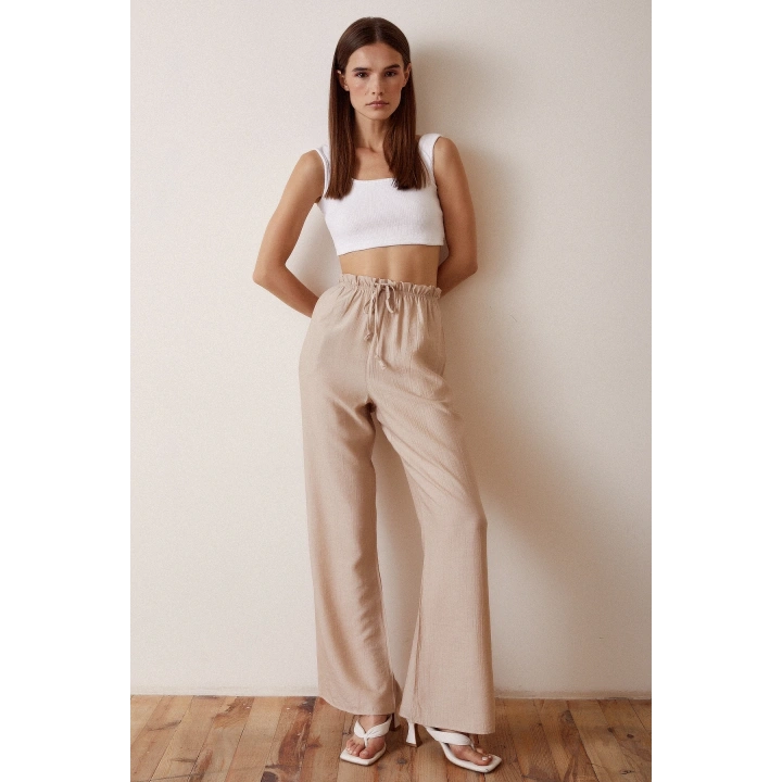 Beli Lastikli Biyeli Yüksek Bel Pantolon Bej