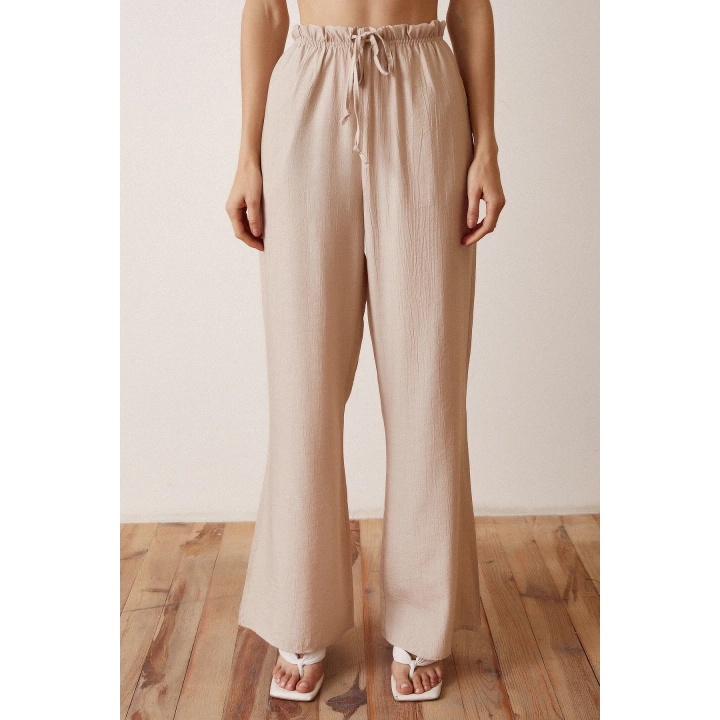 Beli Lastikli Biyeli Yüksek Bel Pantolon Bej