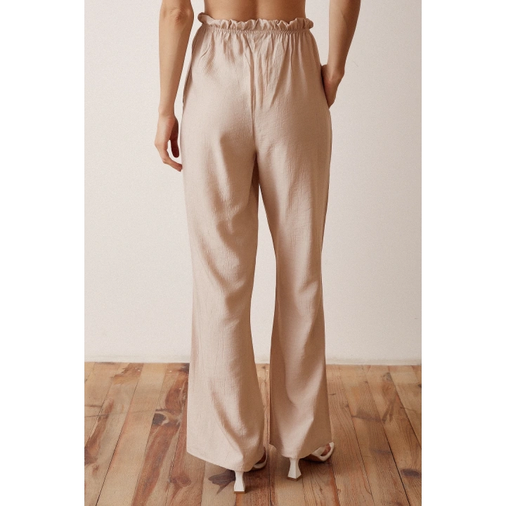 Beli Lastikli Biyeli Yüksek Bel Pantolon Bej