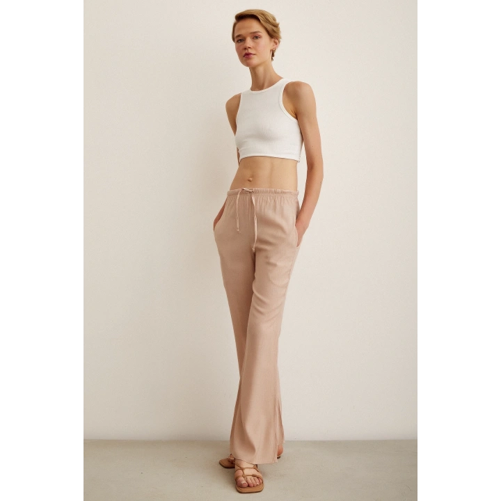 Beli Lastikli Biyeli Yüksek Bel Pantolon Pudra