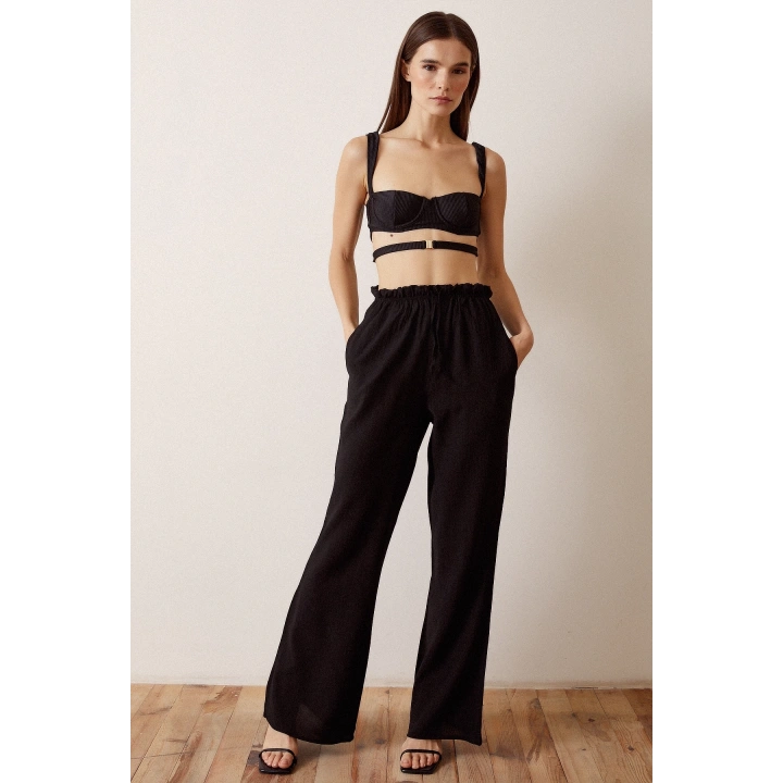 Beli Lastikli Biyeli Yüksek Bel Pantolon Siyah