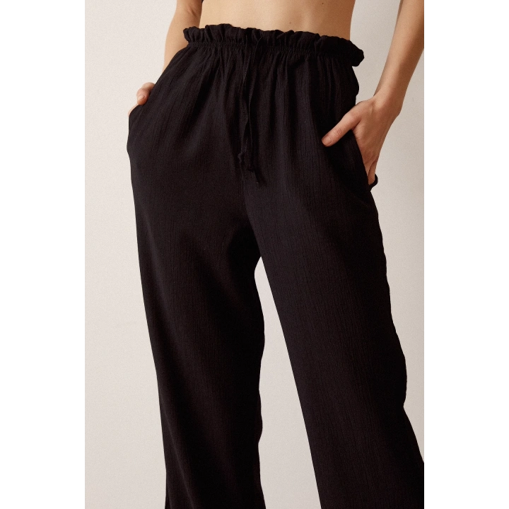 Beli Lastikli Biyeli Yüksek Bel Pantolon Siyah